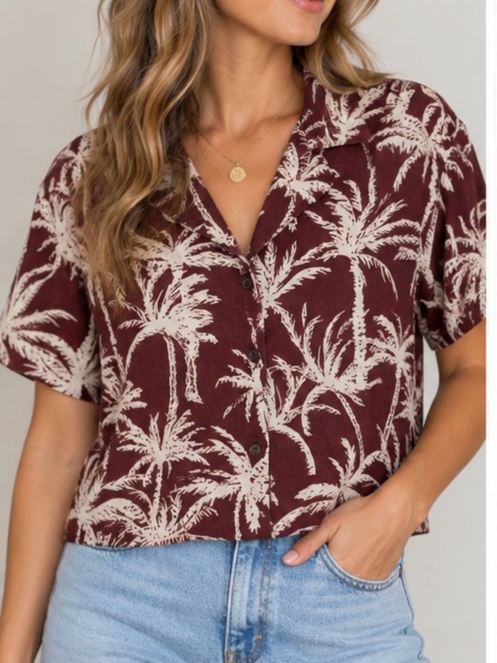 Express Maroon Palm Print Short Sleeve Button-Down Shirt